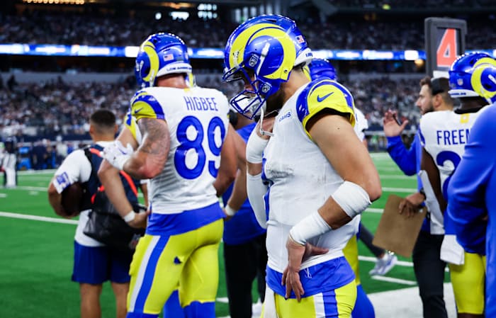 Oct 29, 2023; Arlington, Texas, USA; Los Angeles Rams quarterback Matthew Stafford (9) reacts on the bench during the second half against the Dallas Cowboys at AT&T Stadium. Mandatory Credit: Kevin Jairaj-USA TODAY Sports